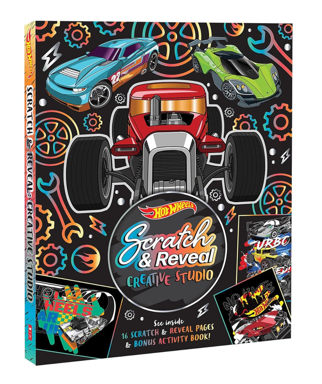 Hot Wheels Scratch & Reveal Creative Studio book with race cars and tools on a colorful background