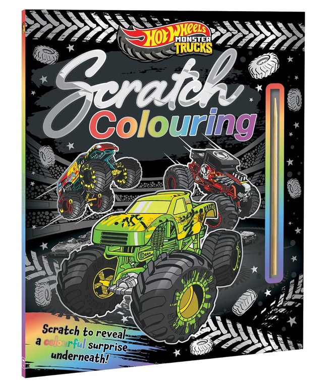 Hot Wheels Scratch Colouring book with monster trucks on a black background