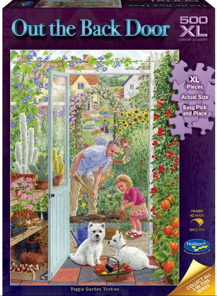 Out the Back Door: 500pc XL Puzzle - Veggie Garden Yorkies
