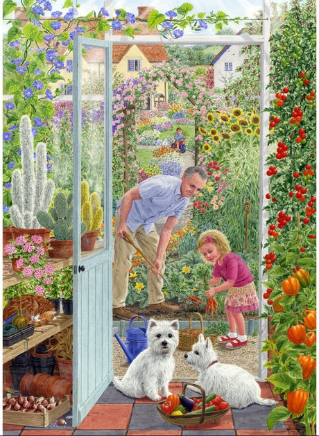 Out the Back Door: 500pc XL Puzzle - Veggie Garden Yorkies